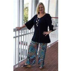 Plus Size Navy Bell Sleeve with Detail Tunic